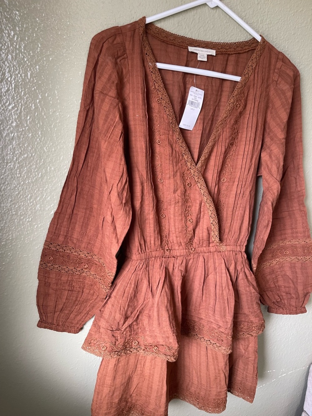 American Eagle Rust Brown V-Neck Peplum Dress - Picture 3 of 6